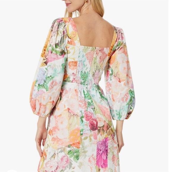 VINCE CAMUTO Pink Green Floral Print Mini Dress Tie Waist Cotton Linen 10 12 New - Picture 11 of 16